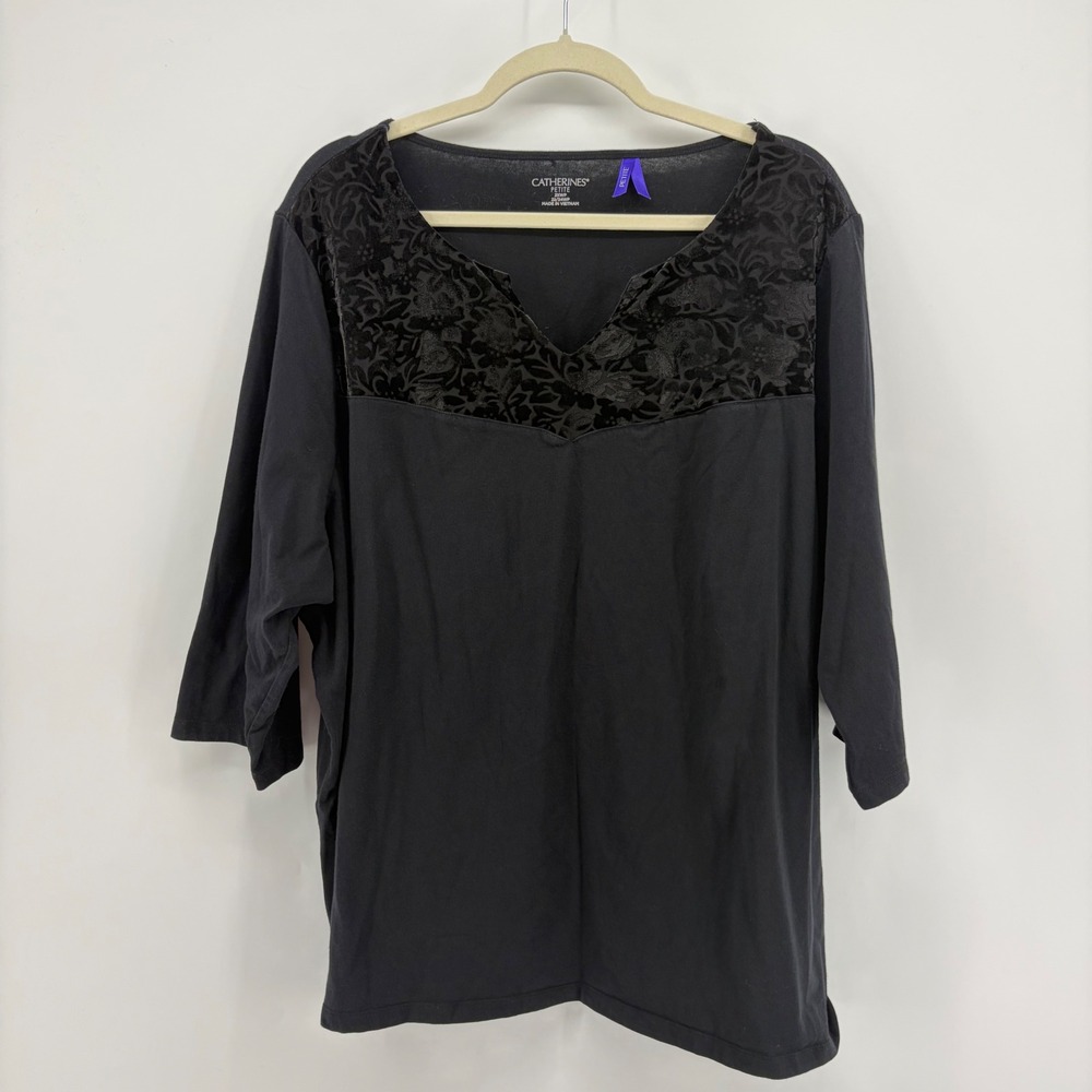 Catherines Womens 2XWP Black Knit Top Velvet Burnout Floral Yoke 3/4 Sleeve
